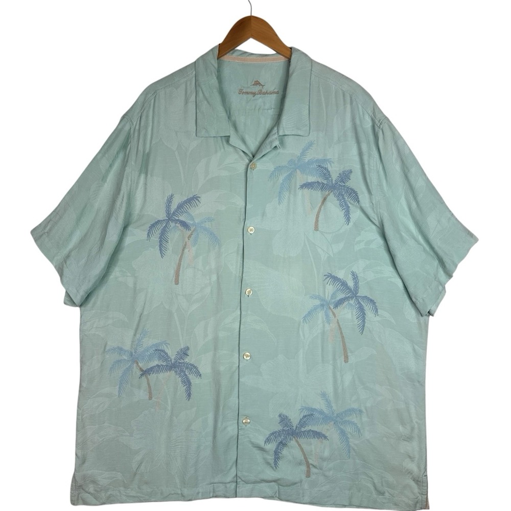 Tommy Bahama 100% Silk Camp Shirt Mens 3XL XXXL Blue Palm Tree Hawaiian Aloha